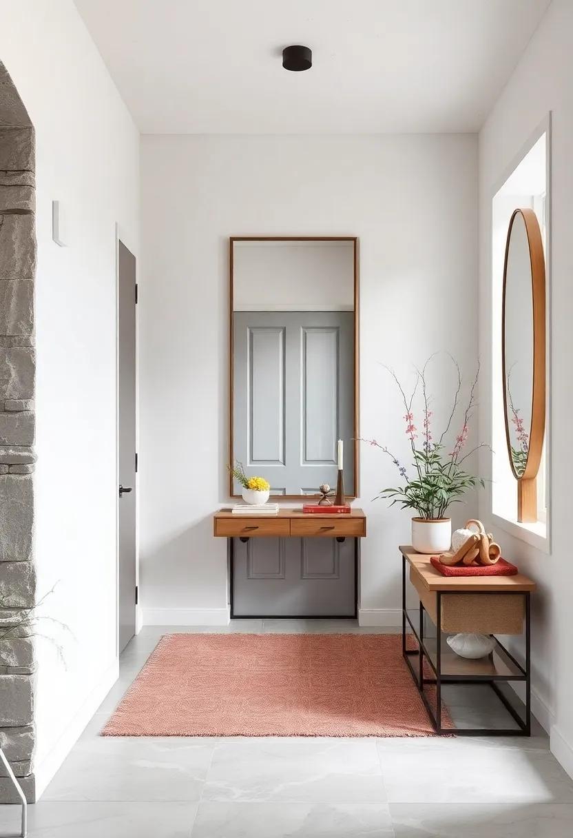 Statement Mirrors with Thin Frames Reflecting Light and Expanding Space in Narrow Scandinavian Entryways