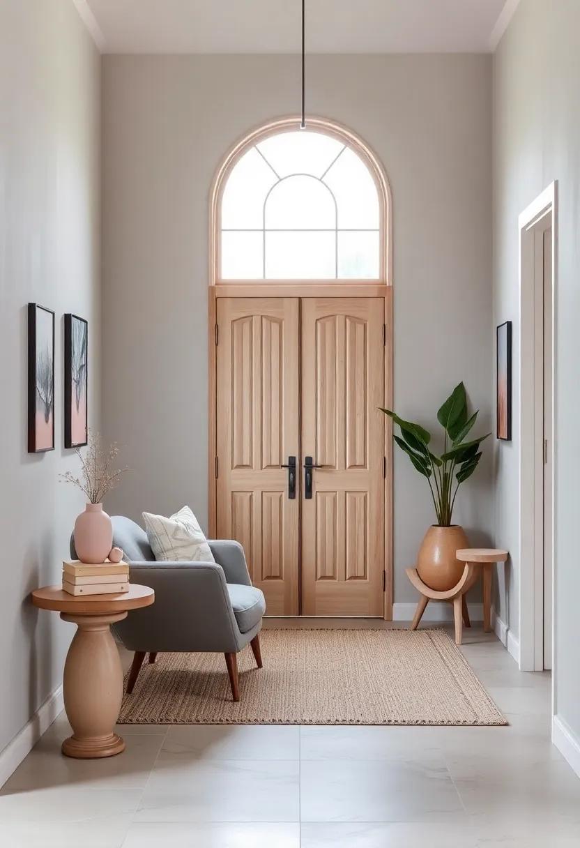 Subtle Pastel Hues Blended with Light Wood Elements Evoking Soft Serenity in Scandinavian Entryway Decor
