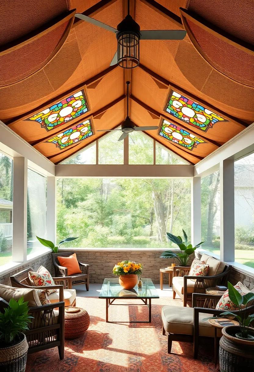 Bohemian Style Screened Porch Ceiling Adorned with Colorful Stained Glass Skylights