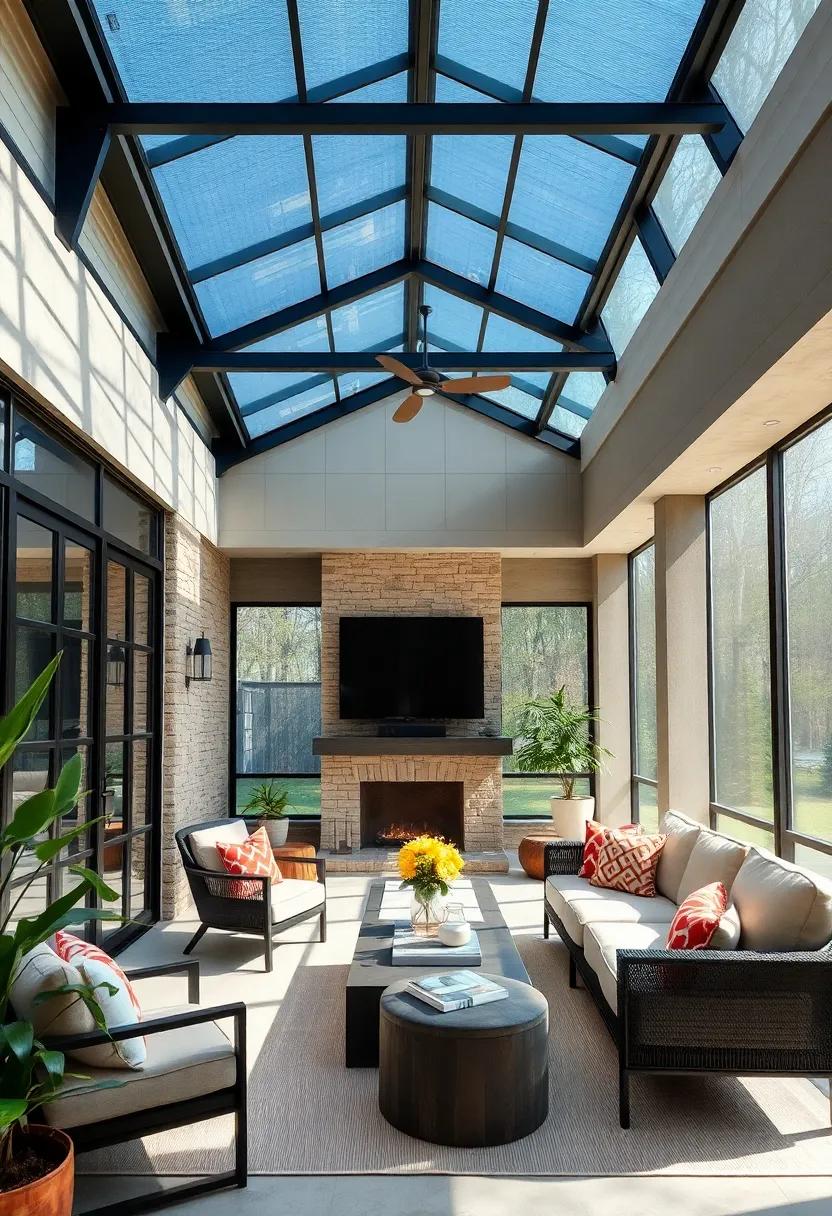 Bold Industrial Screened Porch Characterized By Black Steel Skylights and Concrete Accents