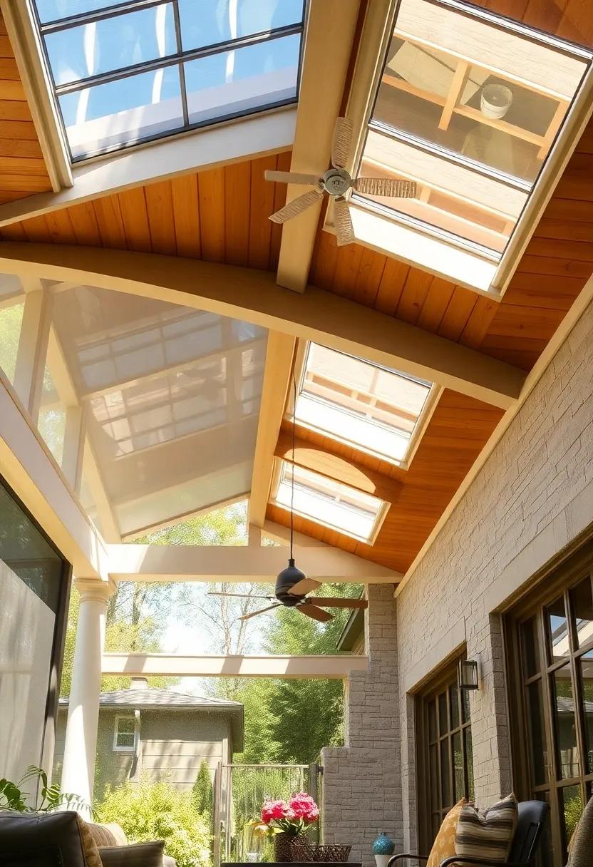 Bright Sunlight Pouring Through Elegant Skylights on a Rustic Wooden Screened Porch Ceiling