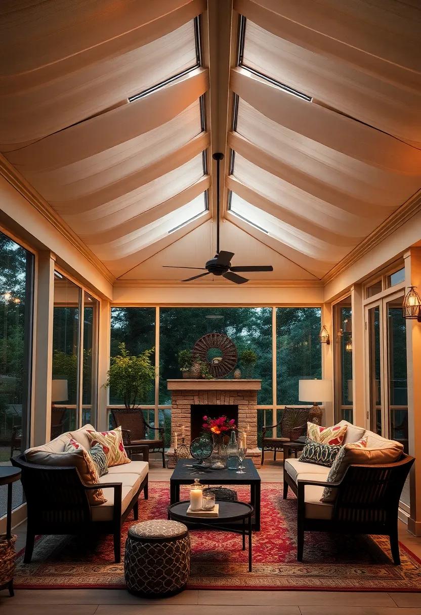 Cozy Evening Scene With Warm Glowing Skylights Above a Screened Porch Gathering