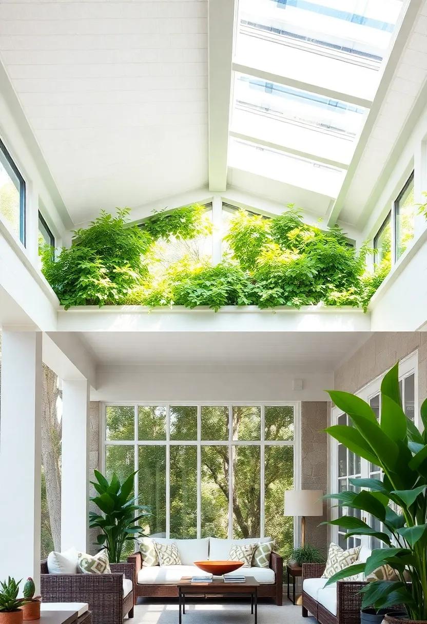 Lush Greenery Surrounding a White Paneled Ceiling with Large Rectangular Skylights