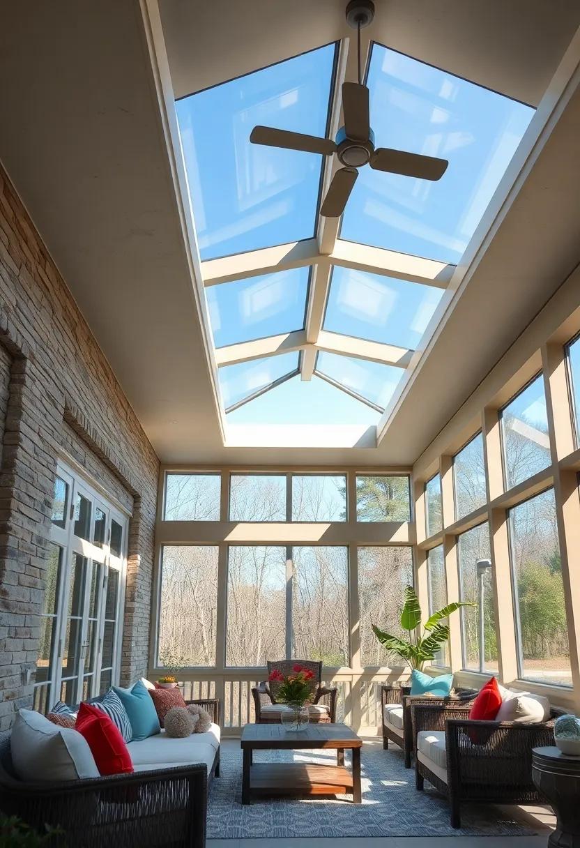 Modern Minimalist Screened Porch Featuring Sleek Skylights Framing a Clear Blue Sky