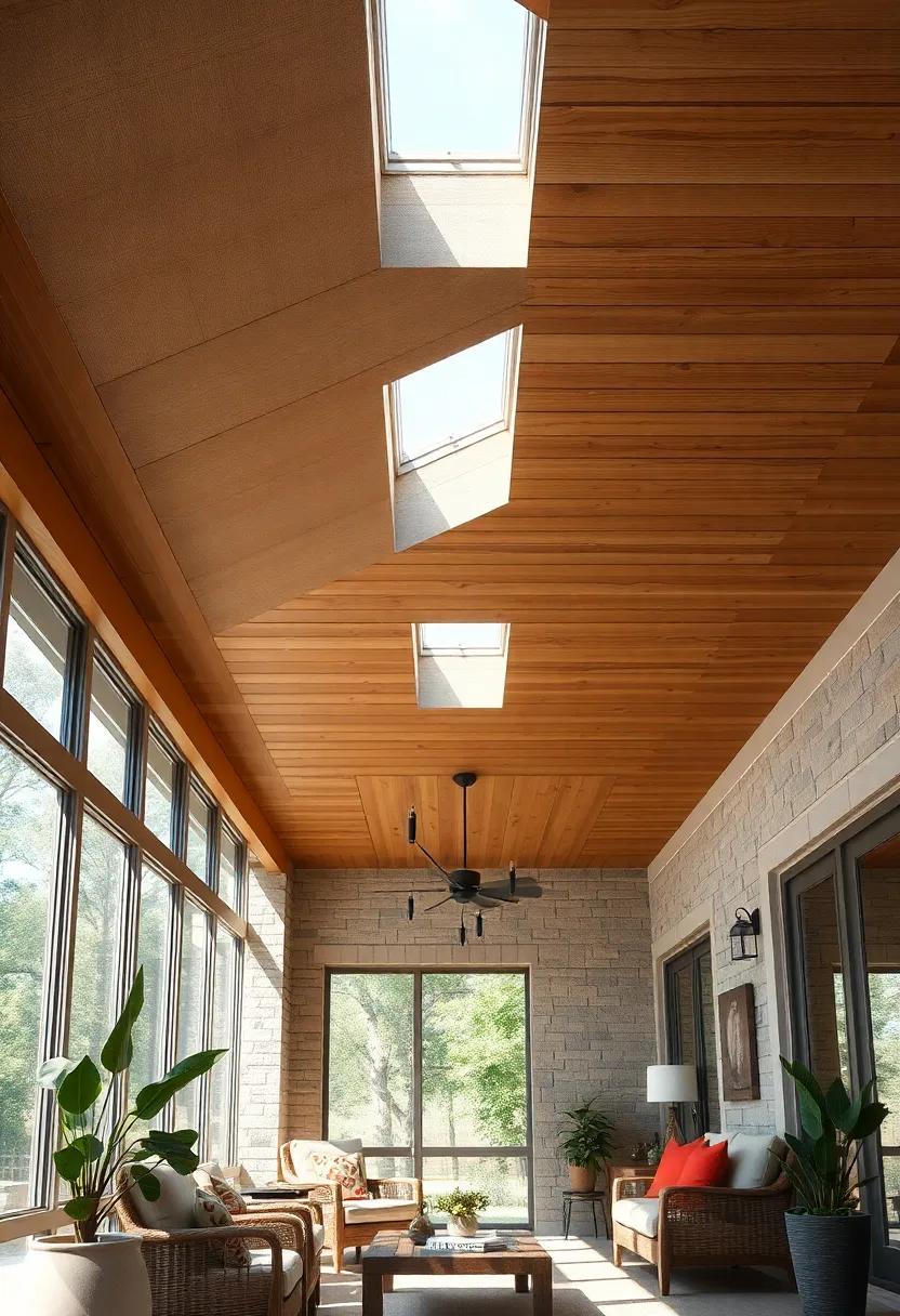 Natural Wood Toned Ceiling with Multiple Small Skylights Dispersing Sunlight Evenly