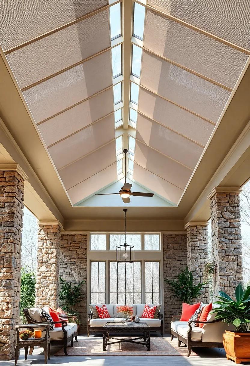 Rustic Chic Ceiling With Skylights Highlighting Textured Stone Columns Surrounding The Porch