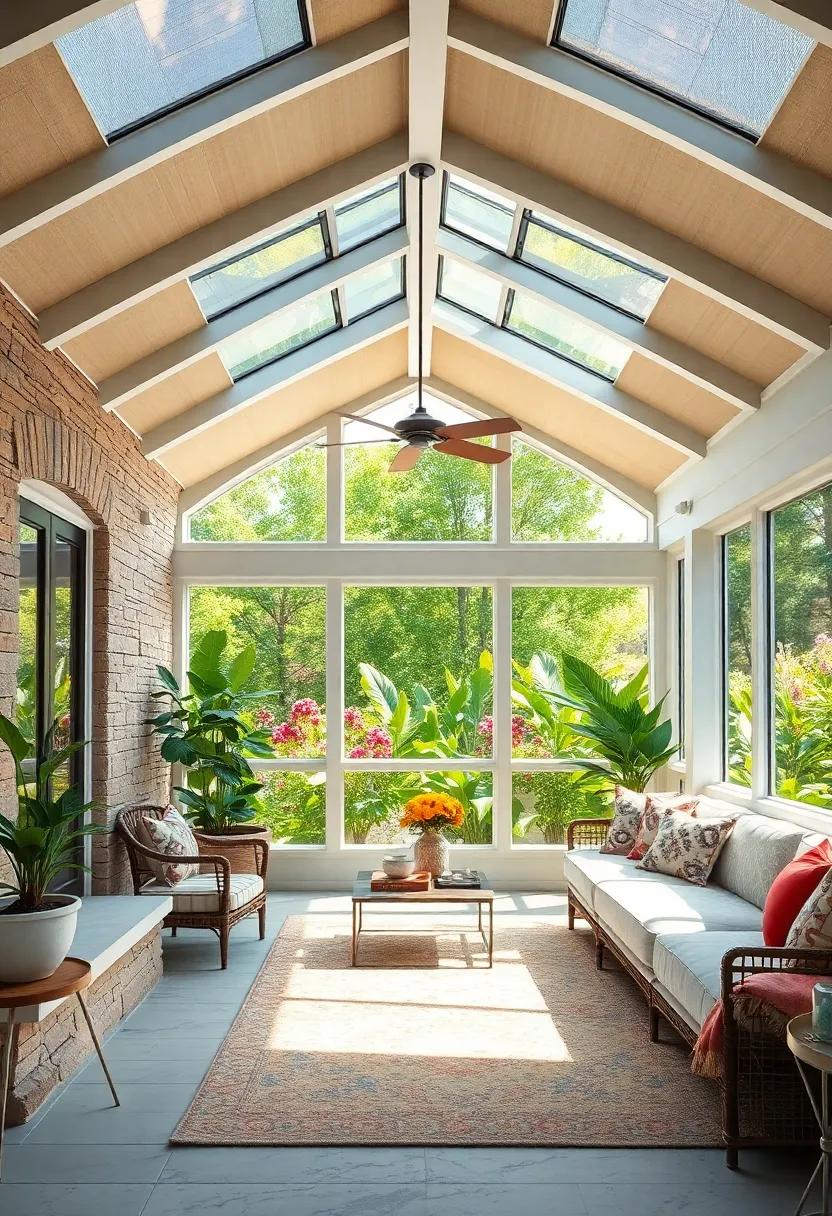 Sun-Drenched Porch With Curved Skylights Opening To A Vibrant Floral Garden View
