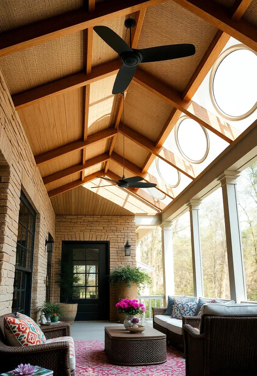 Vintage Charm with Exposed Beams and Circular Skylights Casting Soft Natural Light