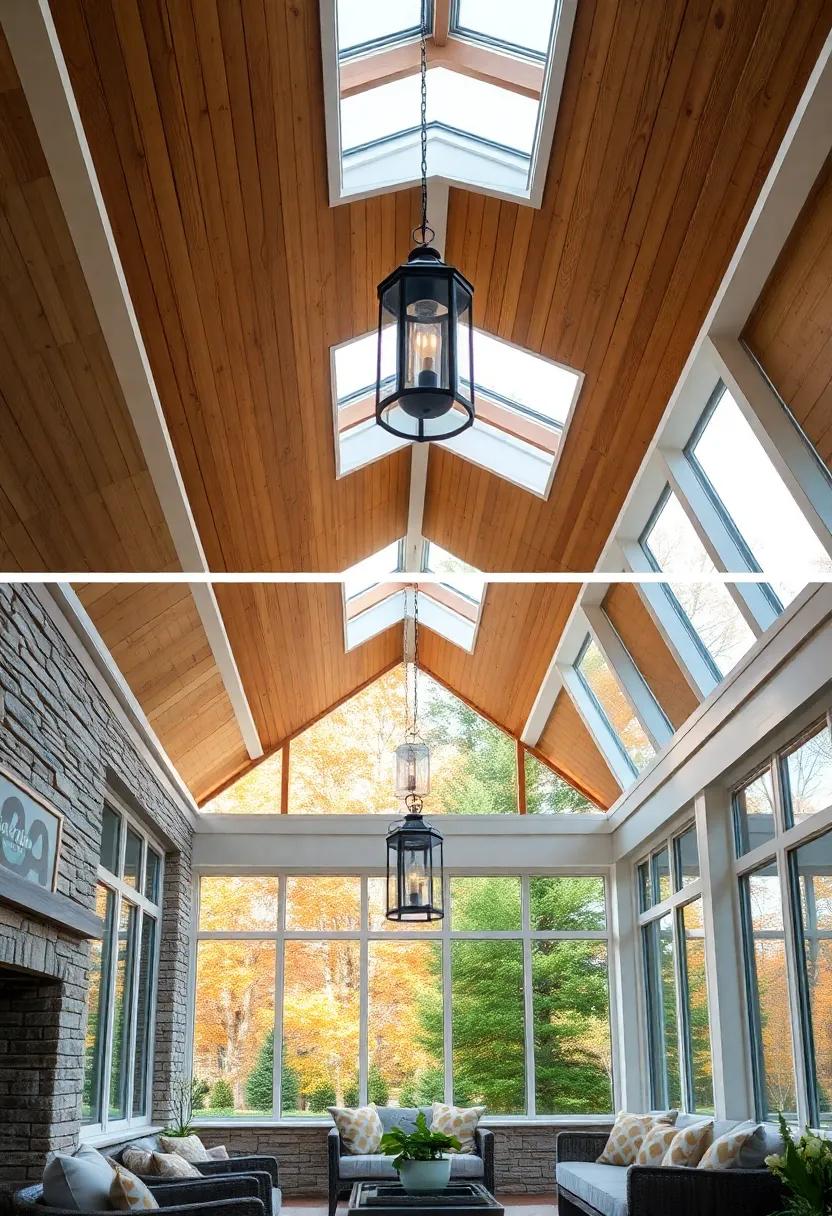 Warm Autumn Light Filtering Through Skylights Over A Cedar Ceiling With Hanging Lanterns