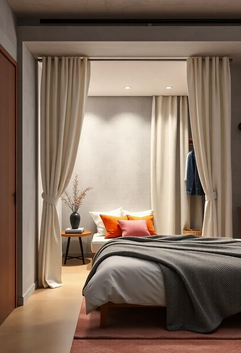 Curtain-Covered Wardrobe‍ Nook: Create a visual separation in your room with a ‌wardrobe nook draped in curtains ⁣for‍ a soft, inviting look