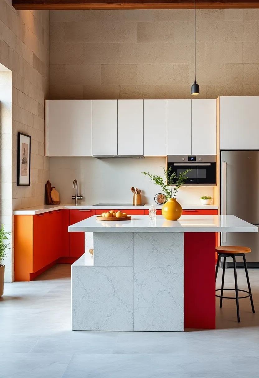 Bold Color-Blocked Kitchen Islands with Compact Built-In Seating Adding a Splash of Personality