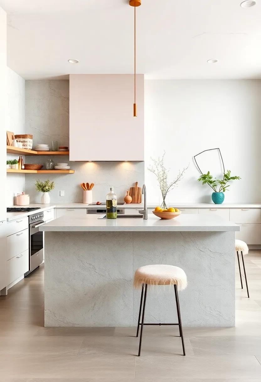 Bright and Airy Small Kitchen Islands with Pastel Toned Seating to Amplify Space and Softness