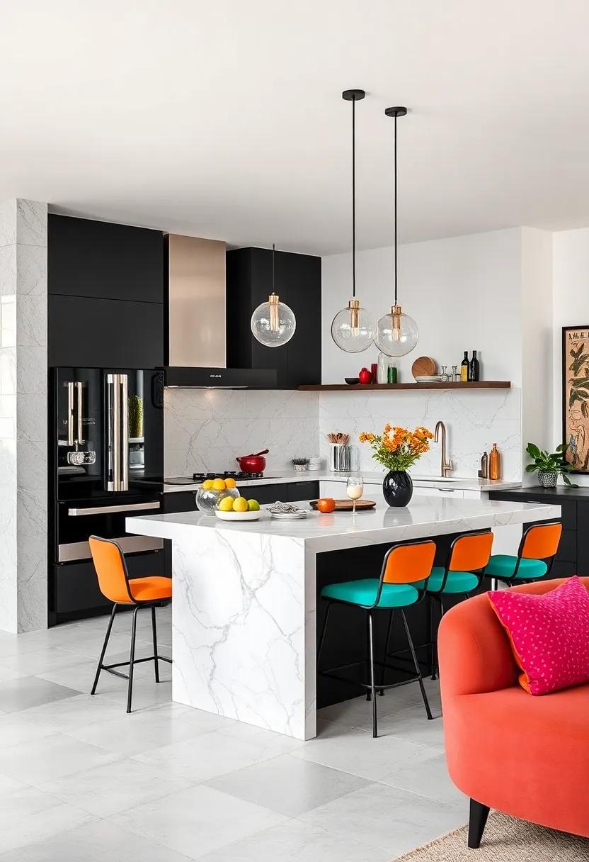 Chic Black and White Small Kitchen Islands Contrasted with Vibrant Colorful Seating Accents