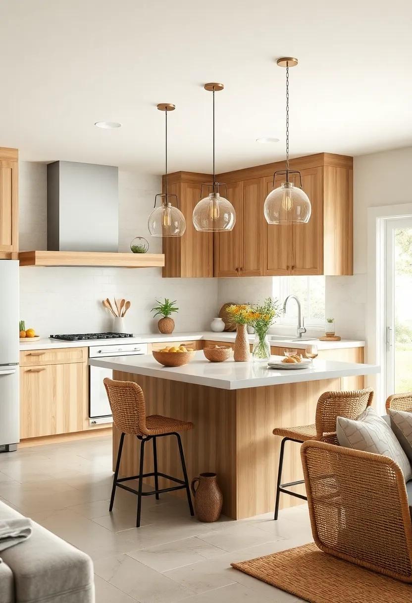 Coastal Vibes in Small Kitchen Islands Using Light Wood and Woven Seating Elements for Relaxed Gatherings