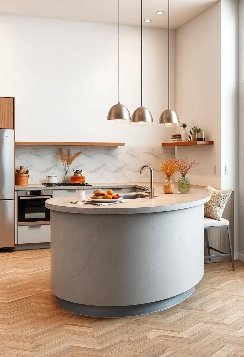 Compact Islands with Curved Countertops and Adjacent Cozy Seating Designed for Small Kitchens