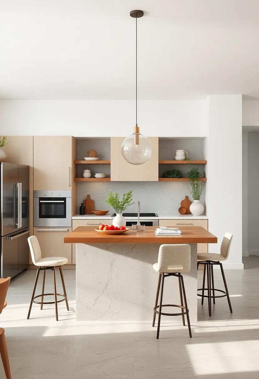 Compact Kitchen Islands with Low-profile Seating Arrangements Optimized for Intimate Spaces