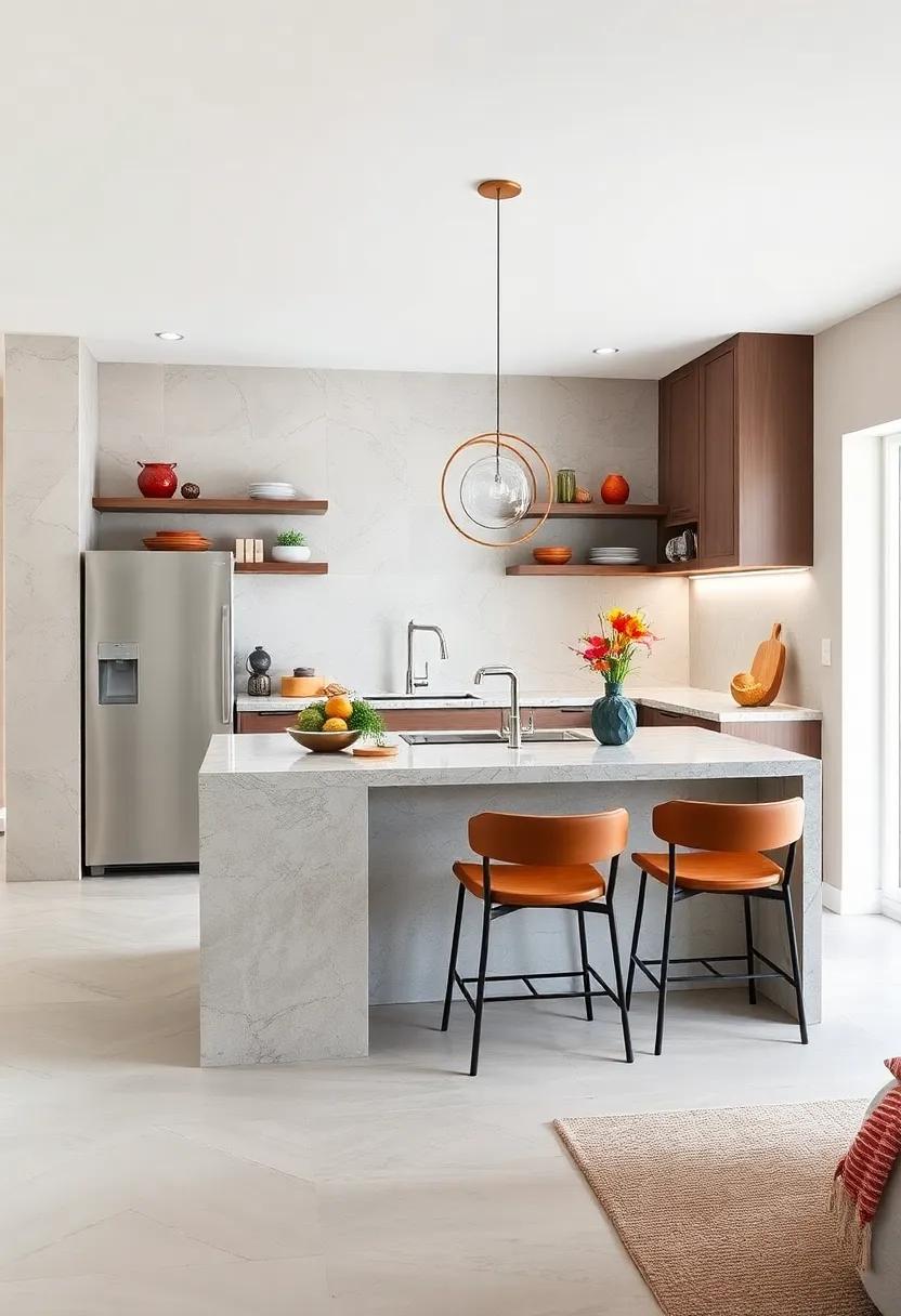 Creative Use of Vertical Space Around Small Kitchen Islands with Floating Shelves and Seamless Seating