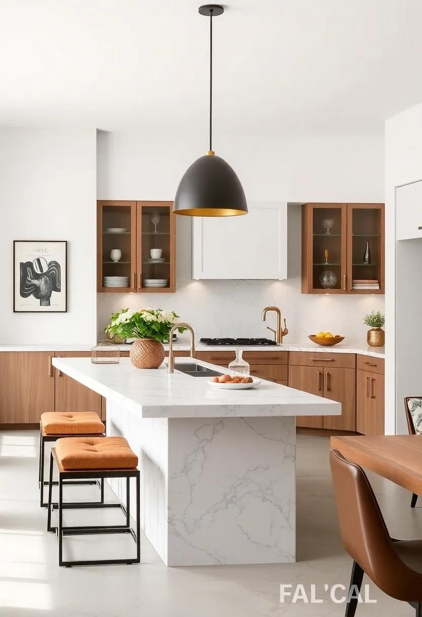 Elegant Marble Topped Small Islands Paired with Streamlined Leather Seating for Sophisticated Kitchens
