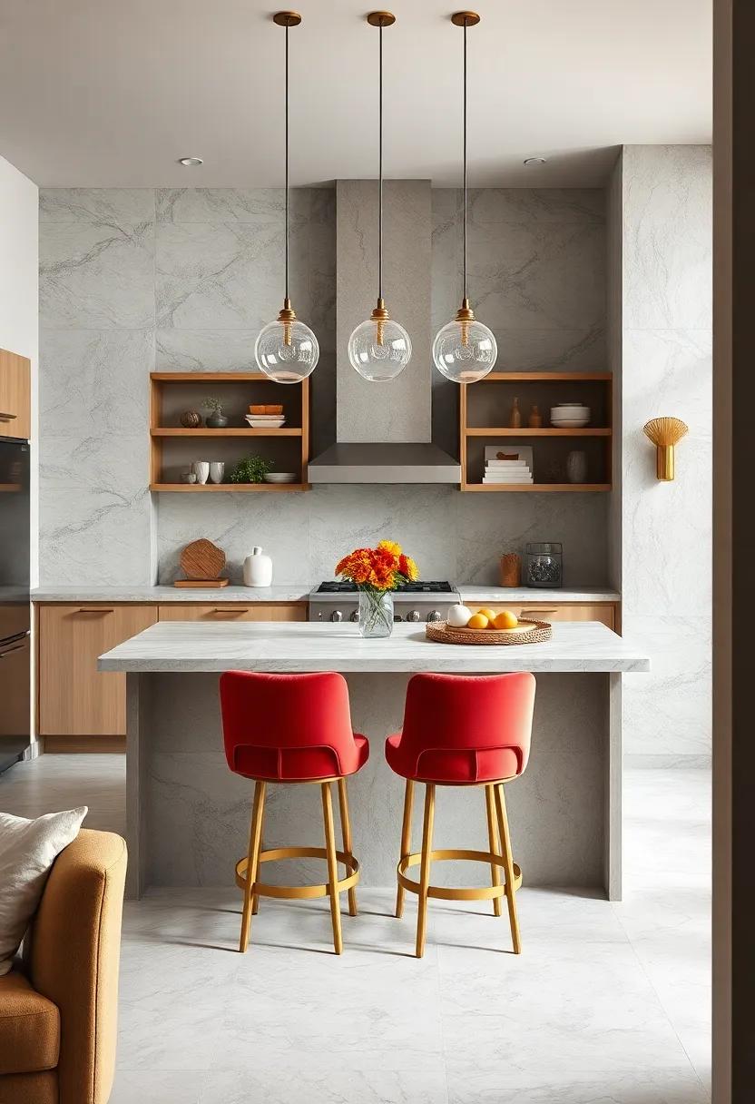 Elegant Sophistication in Small Kitchen Islands Combining Brass Accents and Velvet Seating