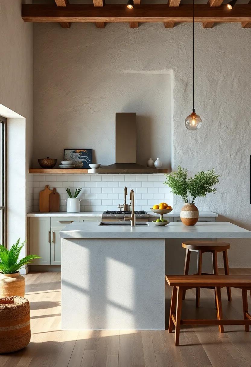 Rustic Charm Embodied in Compact Kitchen Islands Paired with Inviting Wooden Seating Benches