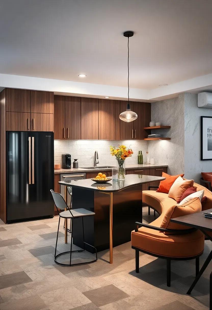 Sleek Glass and Metal Small Kitchen Islands Surrounding Plush Upholstered Seating for Urban Kitchens