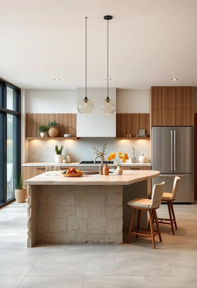 Small Kitchen Islands Featuring Natural Stone Surfaces and Textured Seating Cushions for Depth