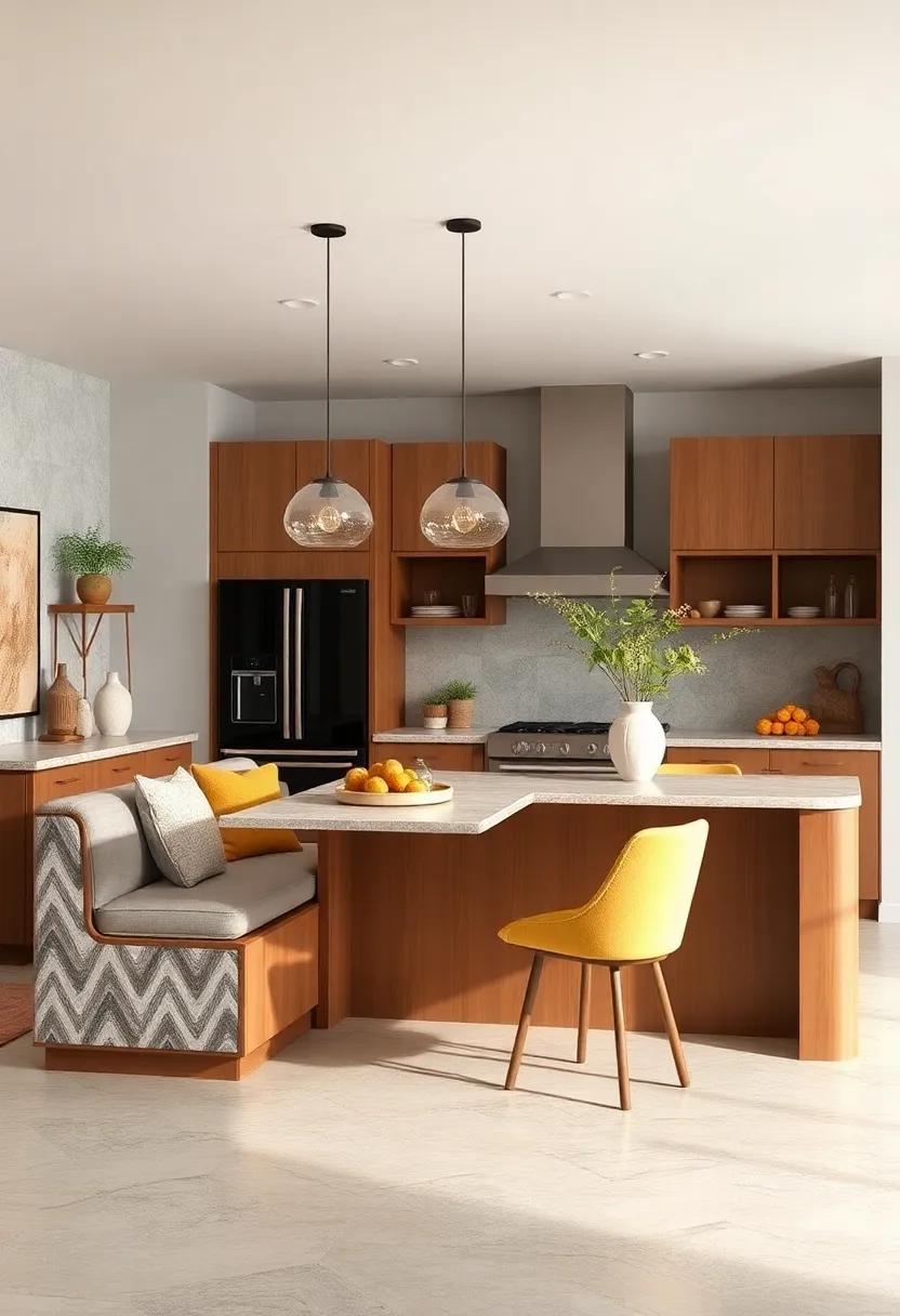 Warm Toned Kitchen Islands with Built-In Seating Using Soft Fabrics and Rounded Edges for Safety