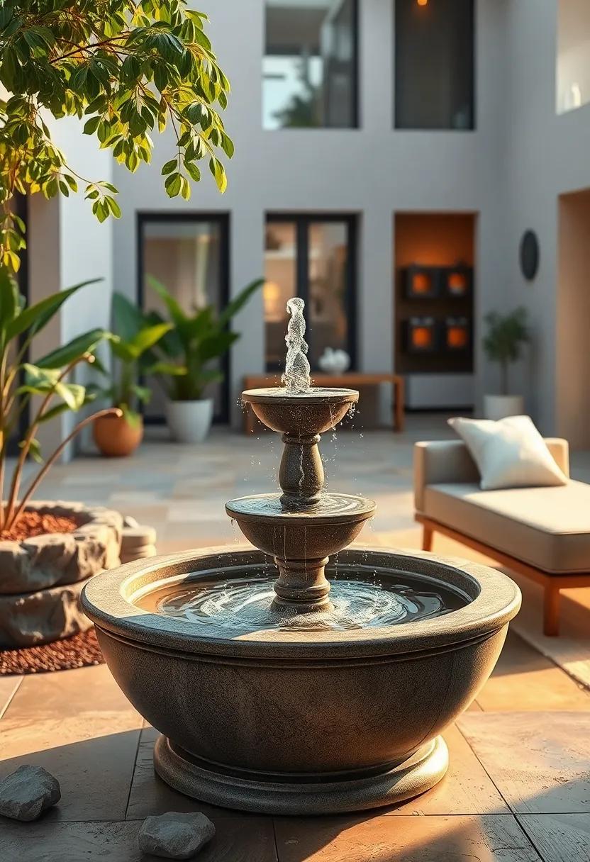 Calm Morning Scene With Dew-Covered Leaves And Soft Water Motion From A Solar Fountain