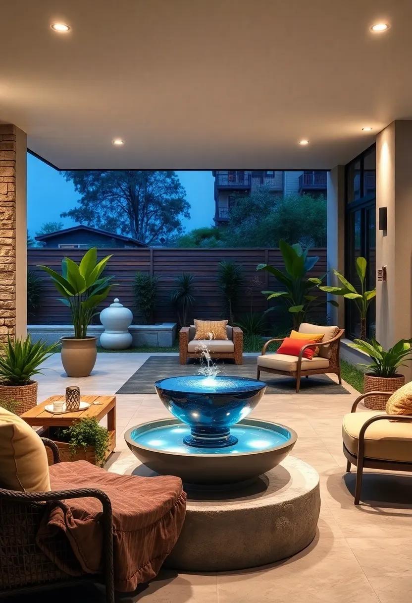 Contemporary Backyard Patio Showcasing A Glass-Like Solar Fountain With LED Lighting