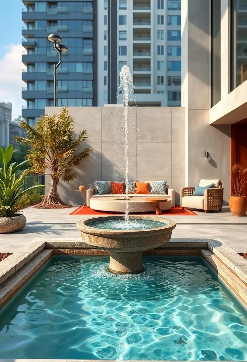 Crystalline Clear Water Cascades From A Solar-Powered Fountain Against Urban Backdrop