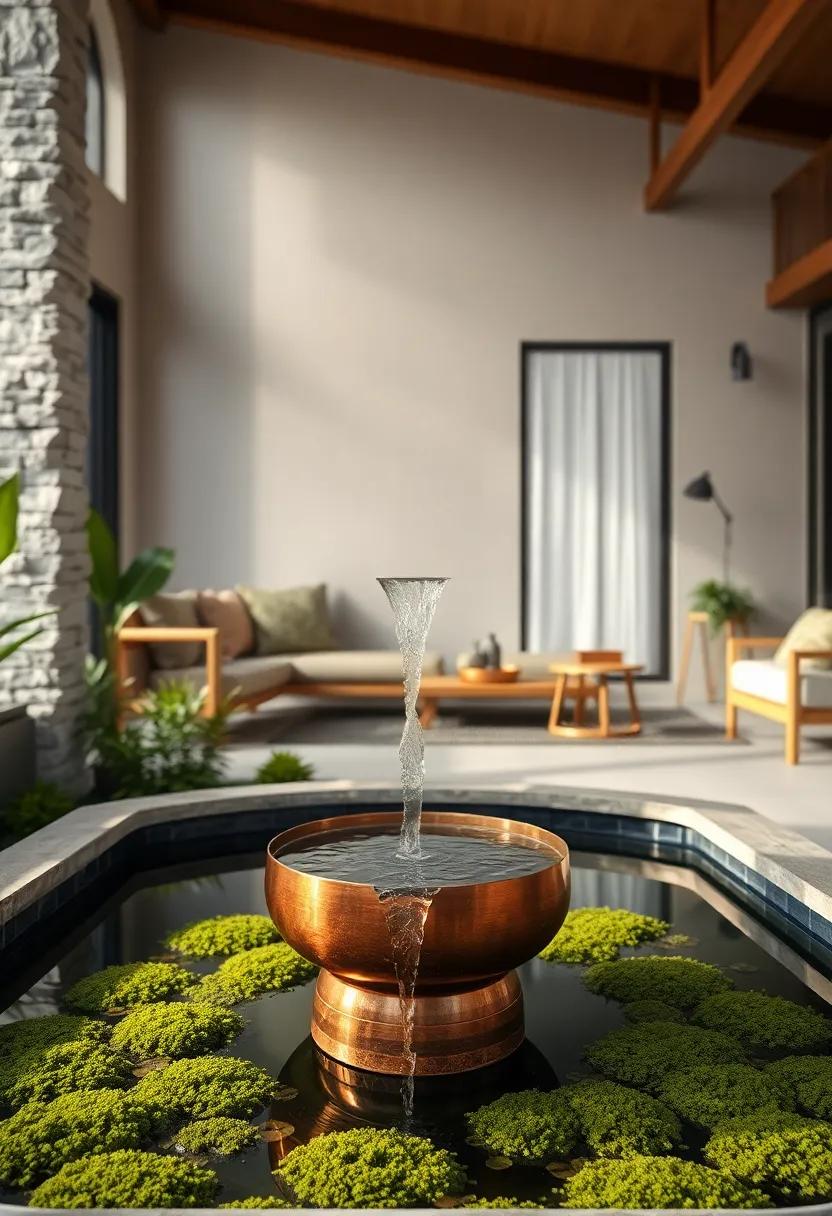 Elegant Copper Solar Fountain Dripping Water Into A Reflective Pool Surrounded By Moss