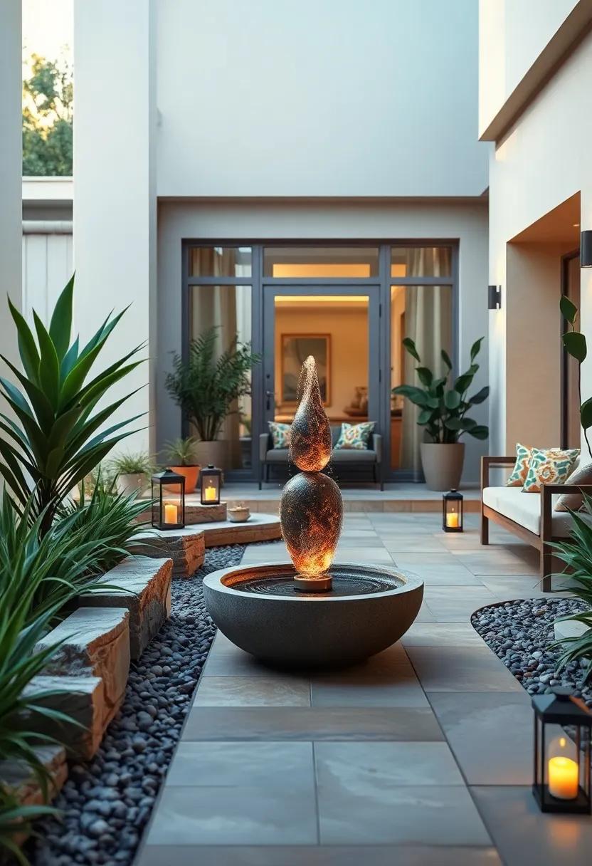 Garden Pathway Lined With Lanterns And A Central Sculptural Solar Fountain Feature
