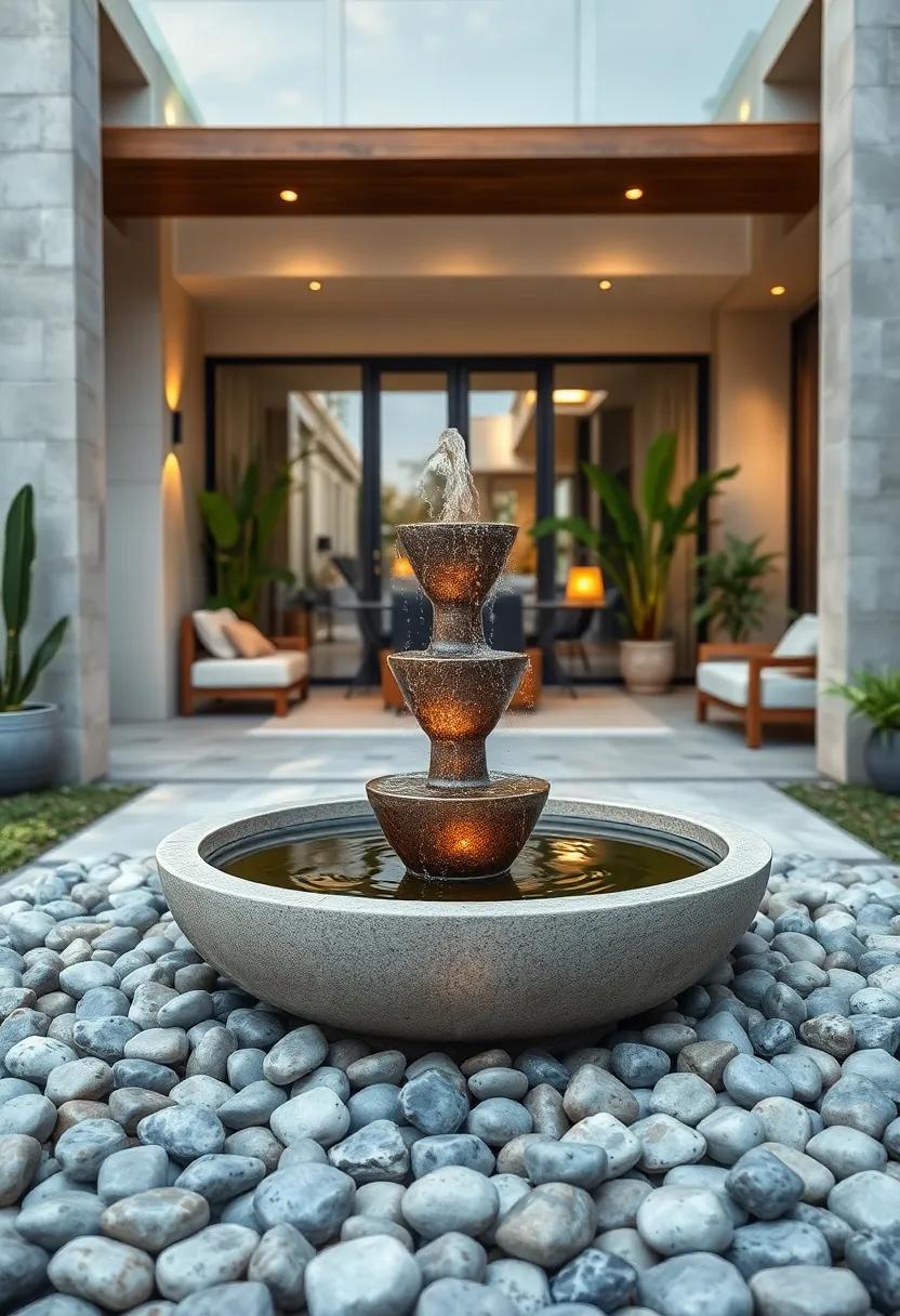 Modern Minimalist Solar Fountain Casting Elegant Reflections On Smooth Pebbles