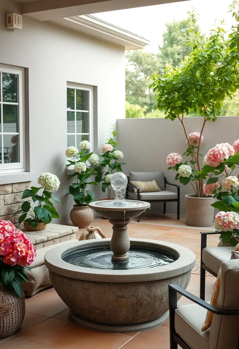 Outdoor Reading Nook Beside A Bubbling Solar Fountain Surrounded By Blooming Hydrangeas