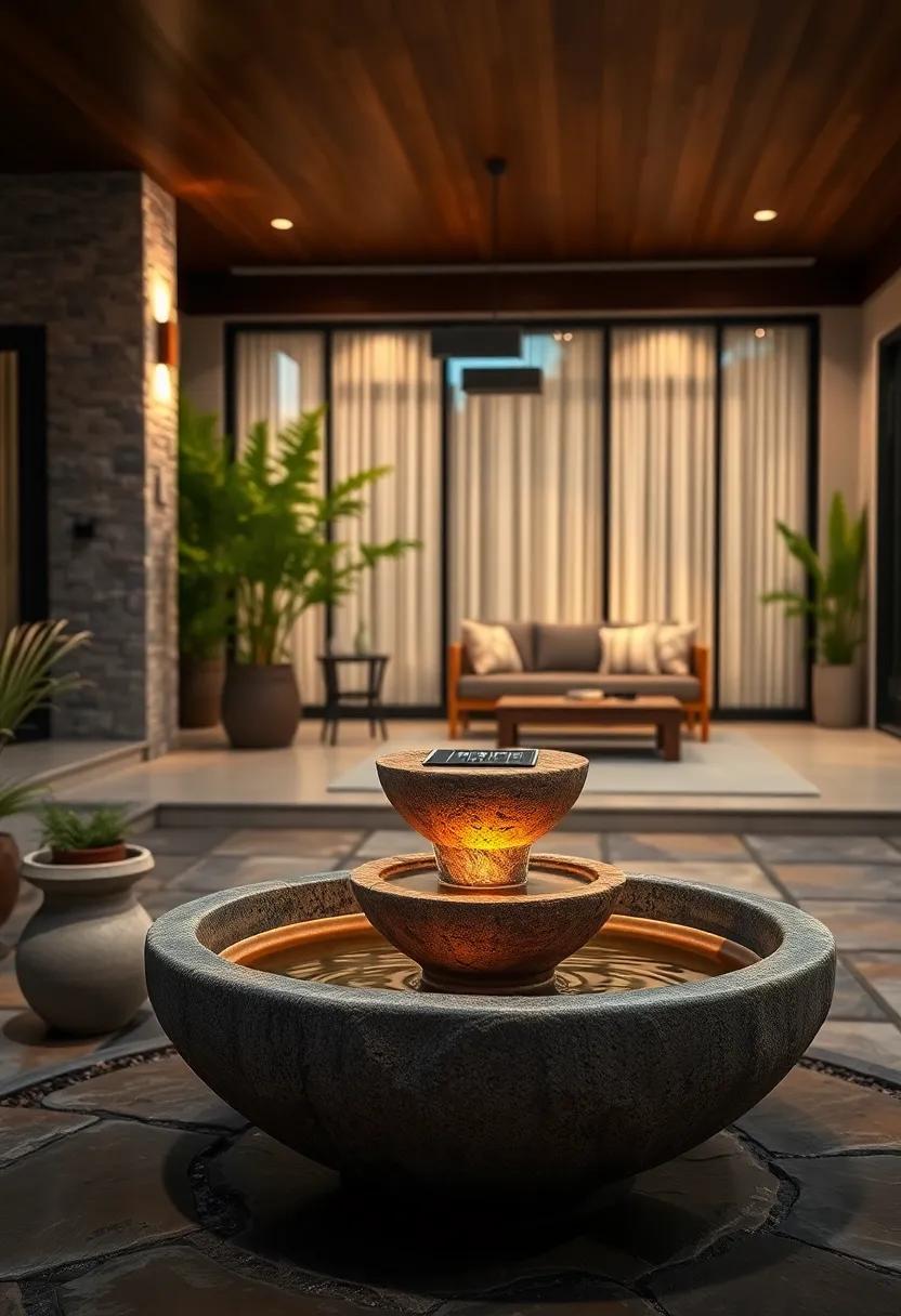Rustic Stone Basin Fountain Glowing Softly At Dusk With Tiny Solar Panels