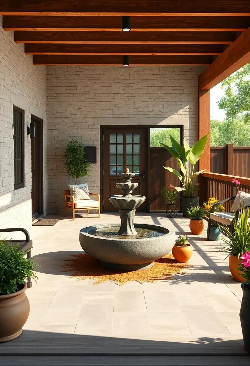 Rustic Wooden Deck With A Solar Fountain Centerpiece And Colorful Potted Plants