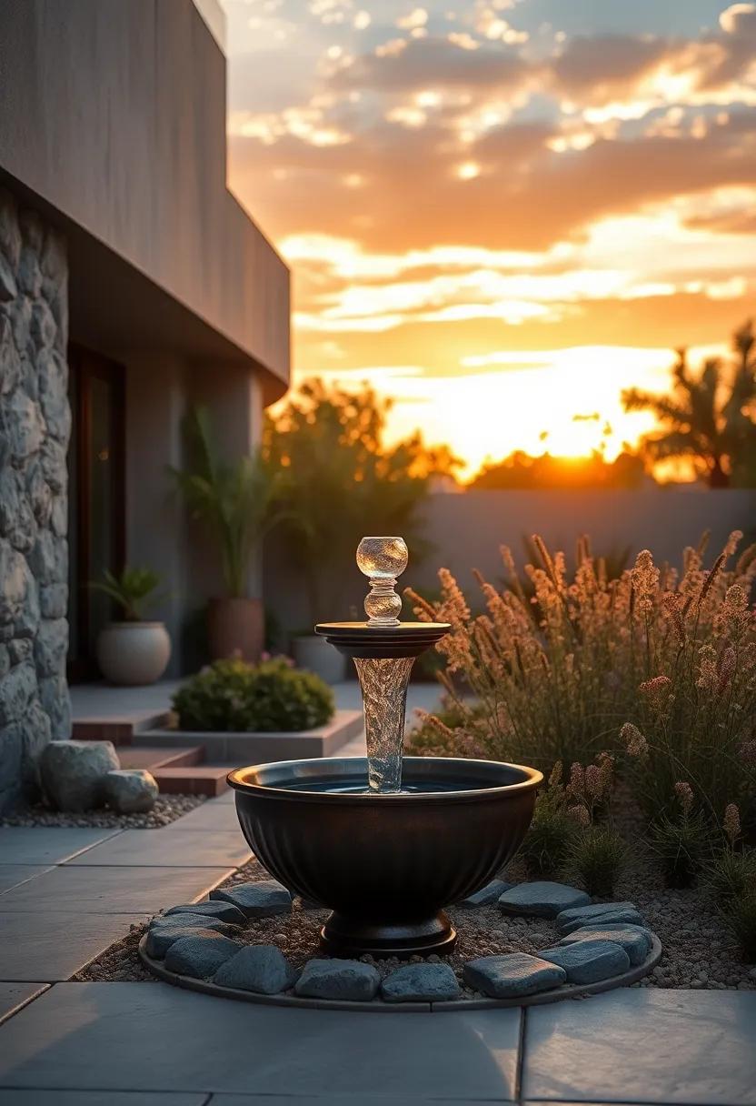 Rustic Metal Solar Fountain Embedded In A Wild Herb Garden Under A Soft Sunset Sky