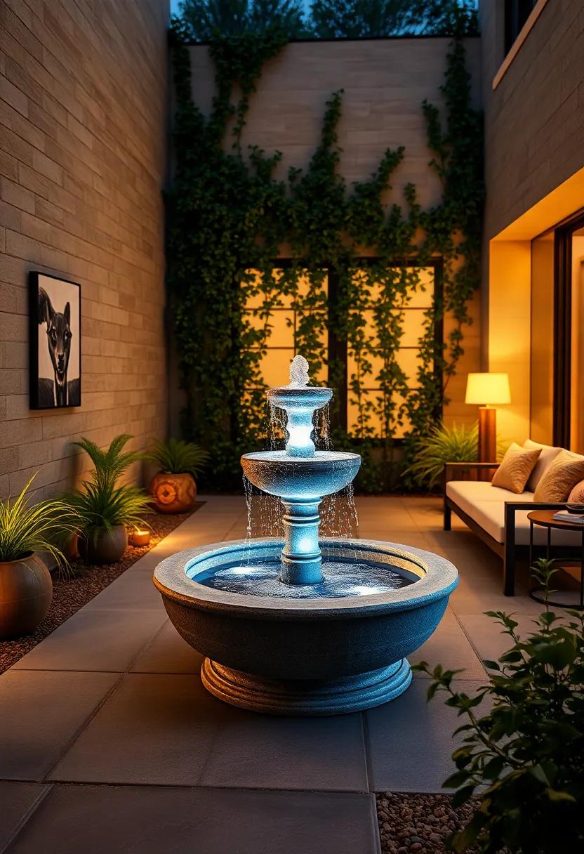 A Serene Evening Scene With Lit Solar Fountain Illuminating Surrounding Ivy And Vines