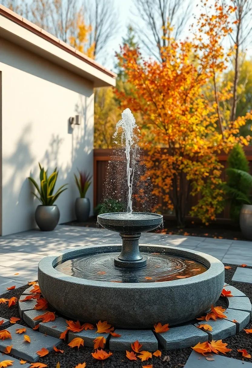 Solar Fountain Spraying Water Gently Amid Autumn Leaves Falling In A Forest Yard