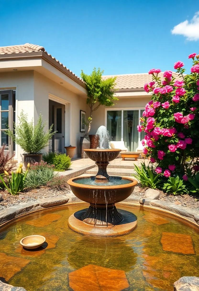 Solar-Powered Water Flow Amidst Lush Garden Blossoms Under A Clear Blue Sky