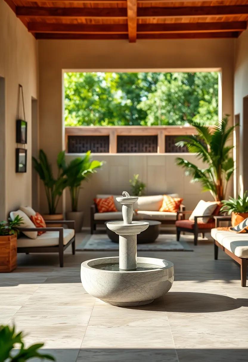 Sunlit Courtyard Patio Featuring A Compact Solar Fountain With Smooth Marble Finish