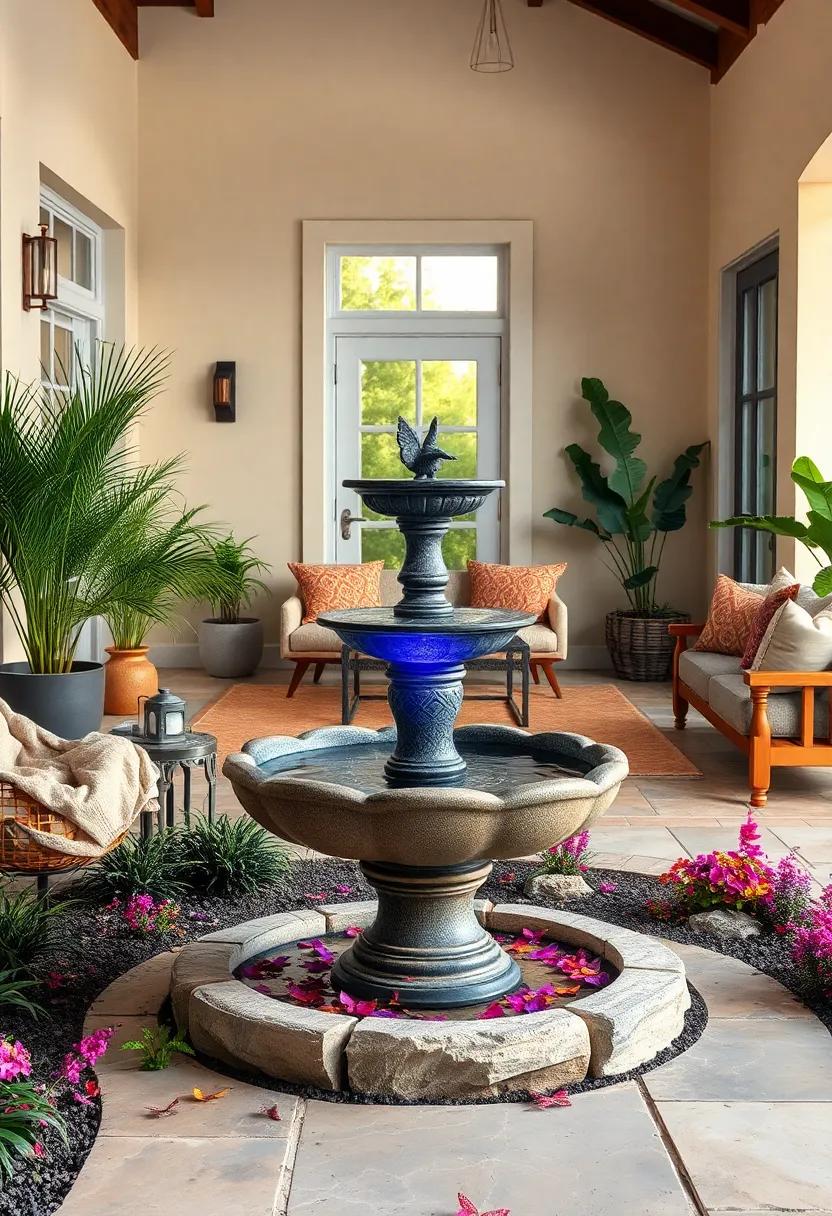 A Vibrant Birdbath Dual-Functioning As A Solar Fountain In A Colorful Butterfly Garden