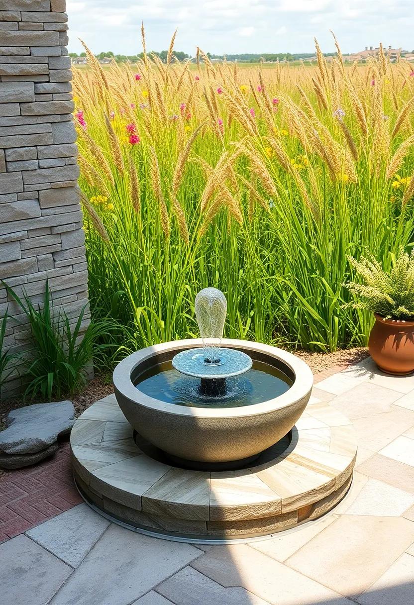 Wildflower Meadow Backdrop With A Small Solar Fountain Nestled Among Tall Grasses