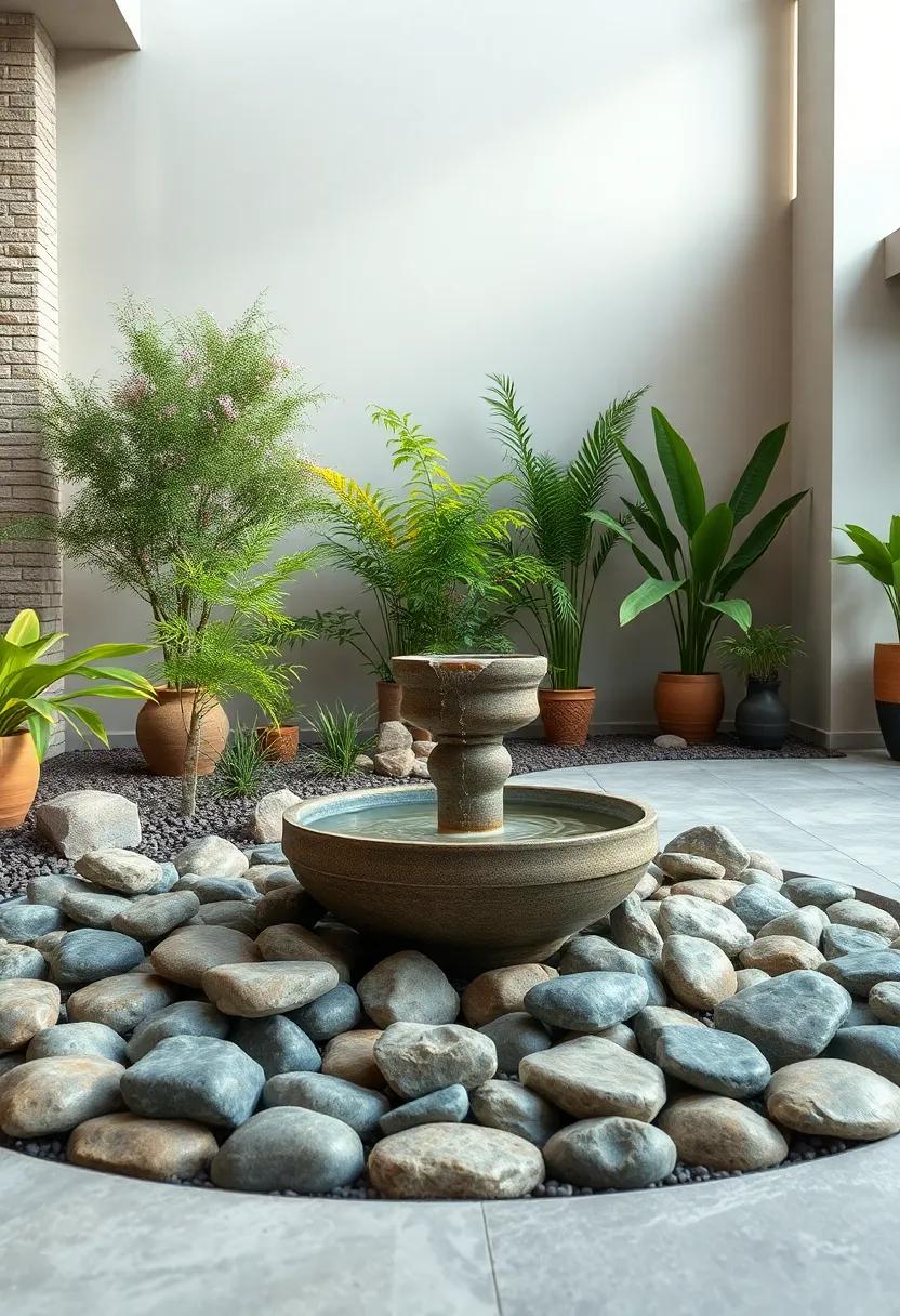 A Zen Garden Scene Featuring A Solar Fountain Surrounded By Smooth River Stones