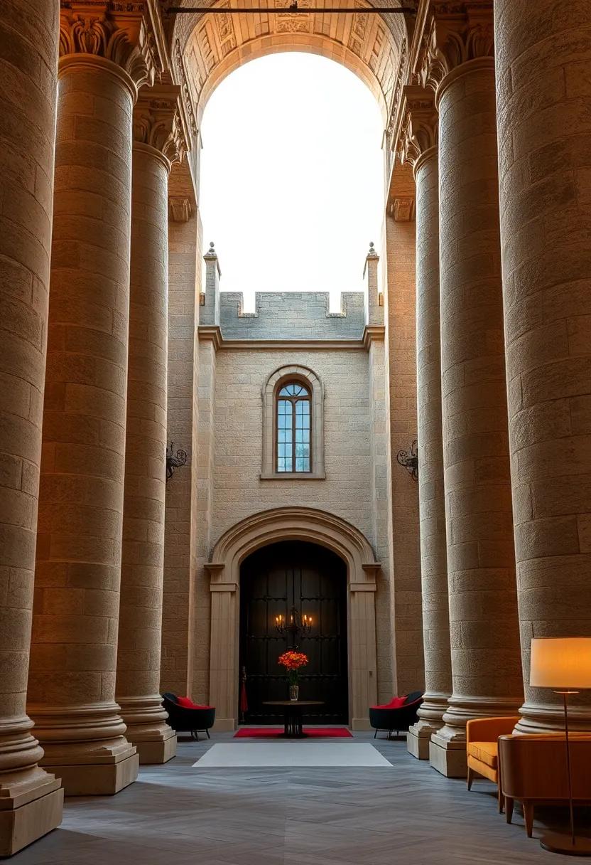 Aerial Perspective of Symmetrical Stone Columns Guarding an Imposing Castle Entrance