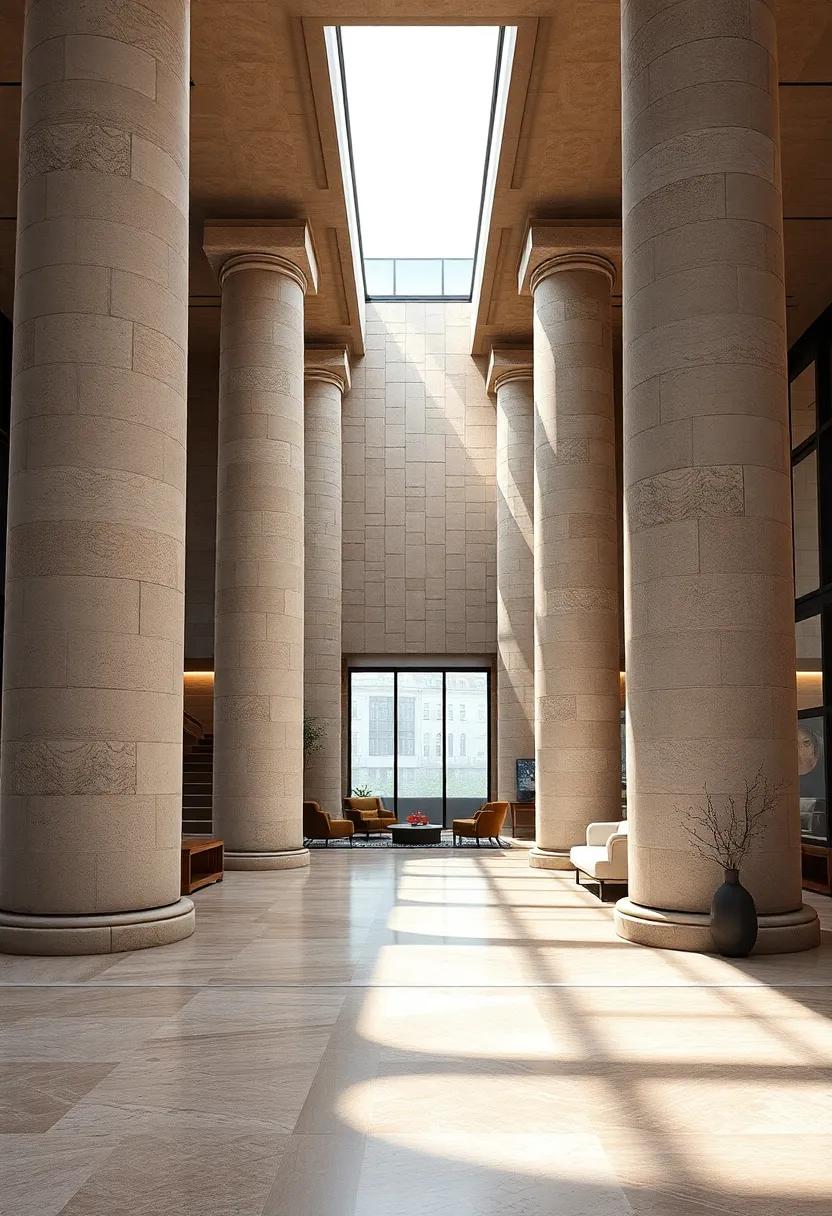 Bold Stone Columns Standing Tall Amidst Urban Chaos, Bringing Calm and Strength to the Scene