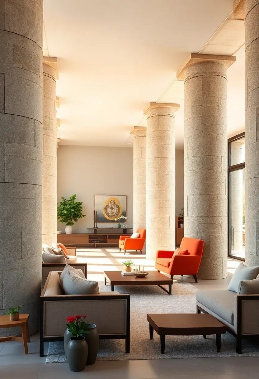 Close Inspection of Chiseled Details on Stone Columns Wrapped in Soft Lichen and Timeless Charm