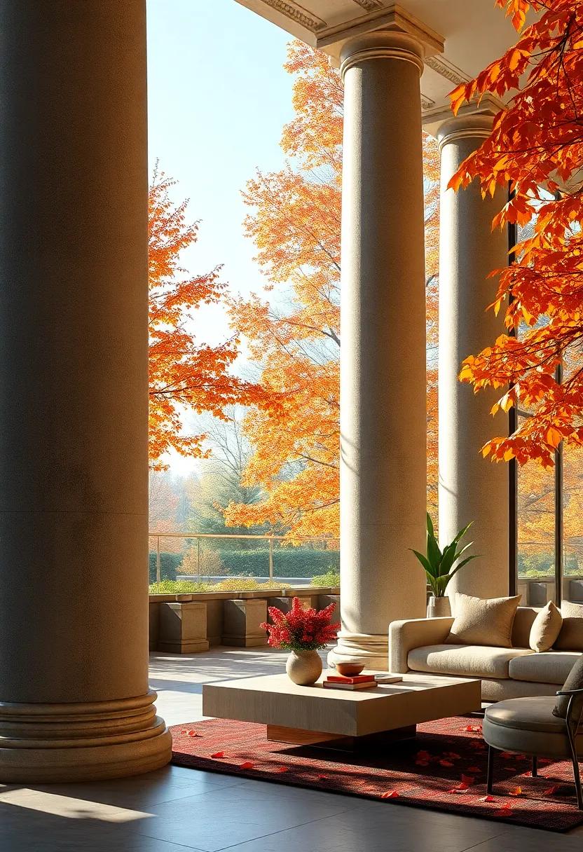 Columns Rising Amidst Vibrant Autumn Leaves, a Silent Testament to Enduring Beauty