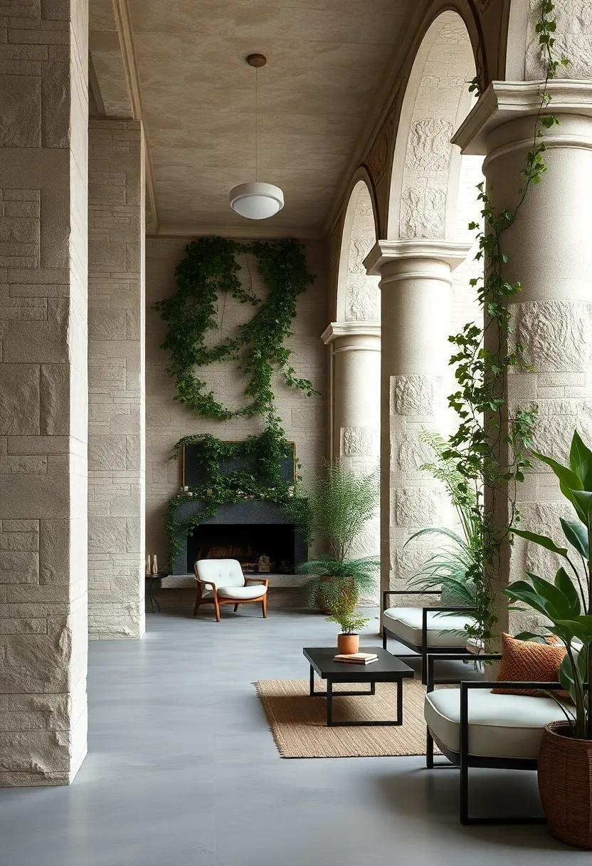 The Contrast Between Rough Stone Columns and Delicate Ivy Tendrils Climbing in Embrace