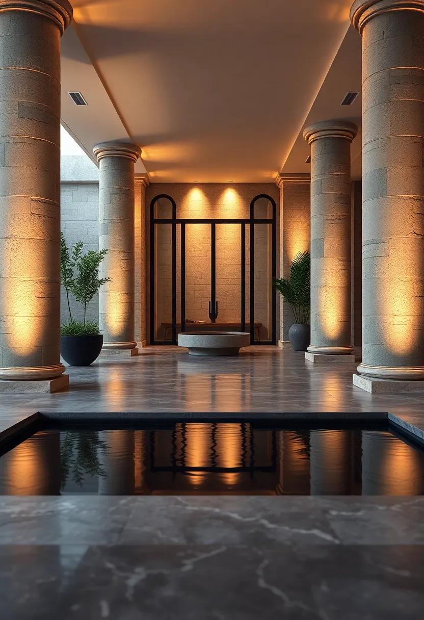 Evening Glow Reflected on Stone Columns Set Against a Reflective Water Basin at an Entrance